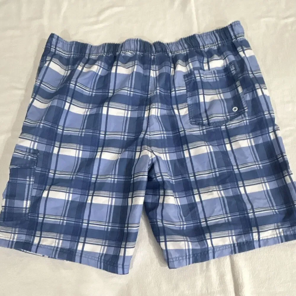 Primark Men's Plaid Swim Trunks 2XL Blue/White Drawstring Elastic Pockets 0206